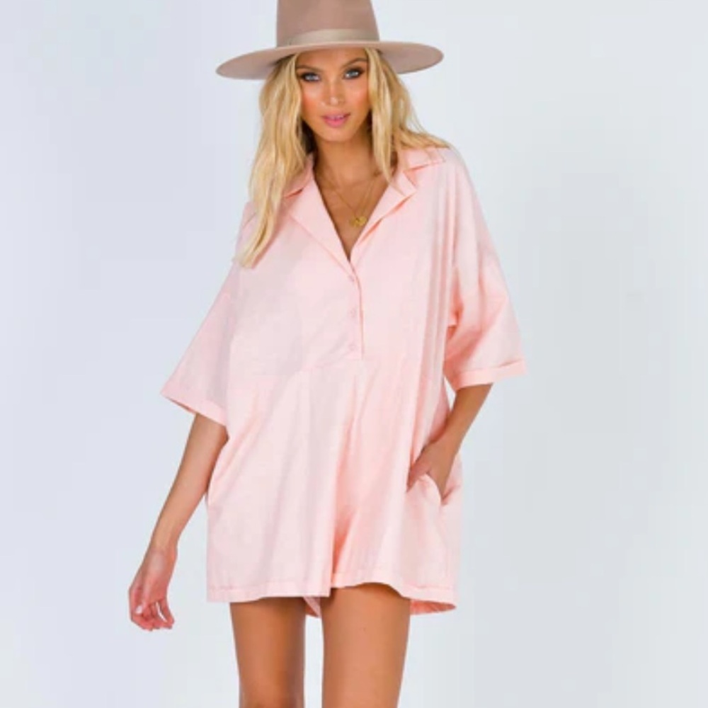 Princess Polly,Womens Oversized Sinclair Romper,Pink-Salmon Linen Blend,Size 4,
